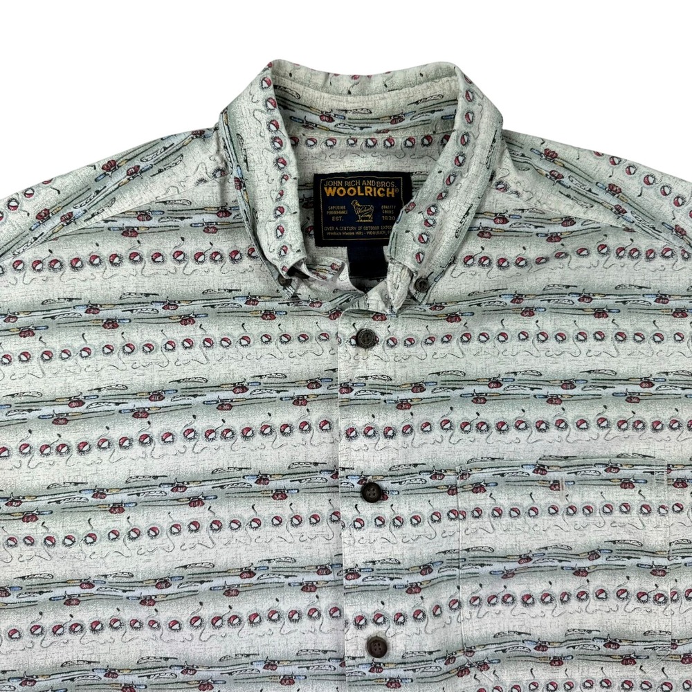 Woolrich Shirt‎ Men L Fishing Hooks  Bobber 100% Cotton Travel Resort Dad